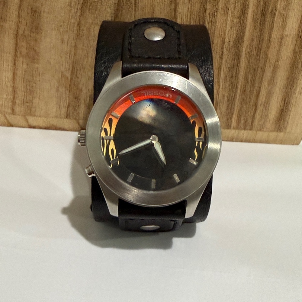 Rare Y2K Fossil Big Tic JR-8200 Flame Watch Leather Band